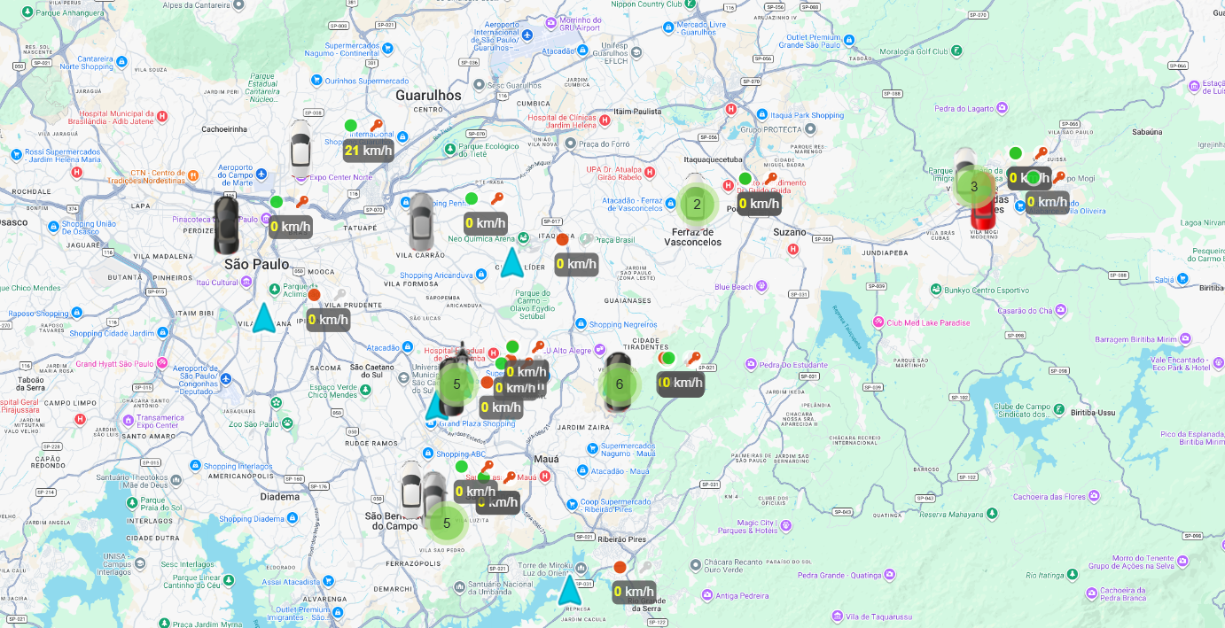 Tela real da plataforma RPM no navegador, com veículos monitorados em tempo real no mapa
